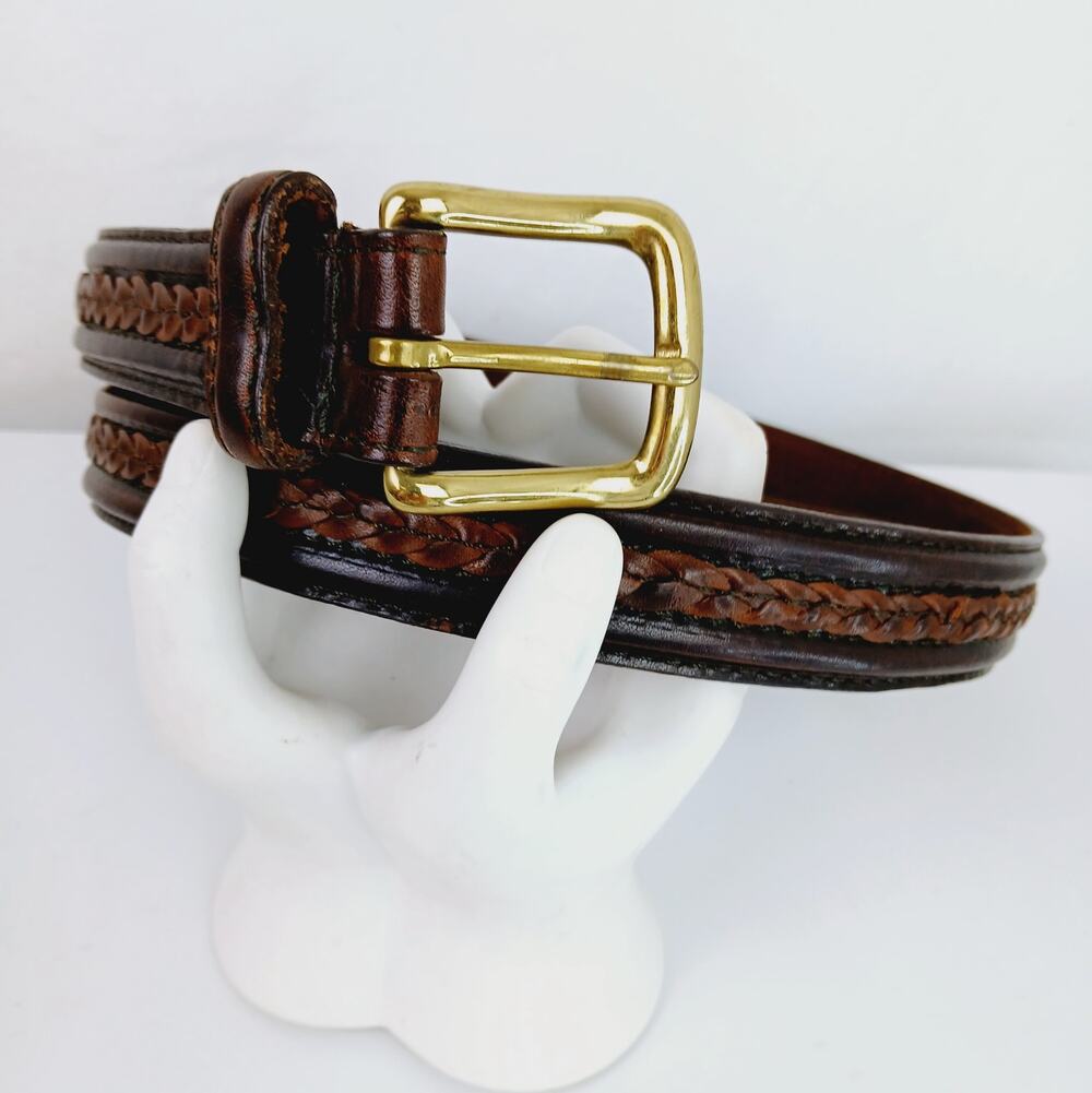 Men's SZ 50 1" Oil Tanned Leather Belt Brass Buckle 2-Tone Brown Braided Detail